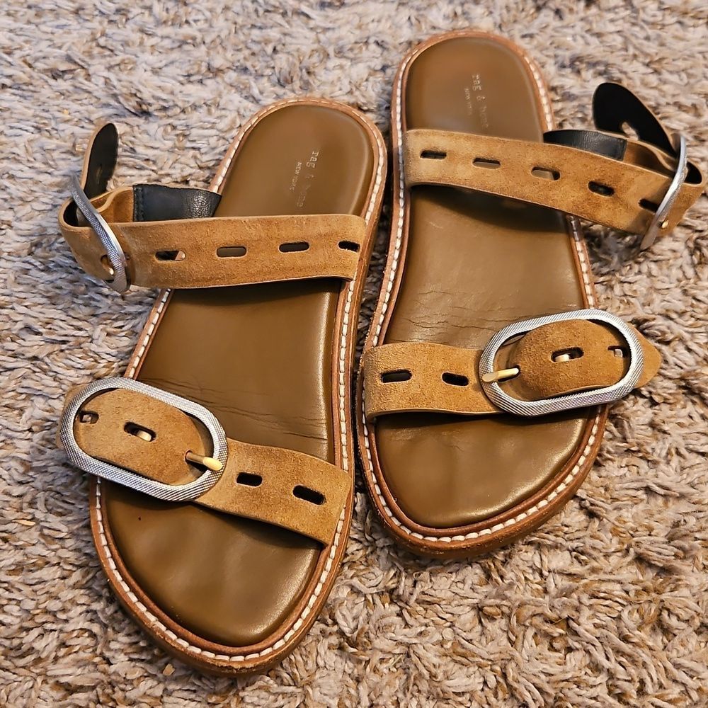 Rag & Bone Ansley Buckle Sandals Suede Leather Flats Tan Size 37 - Picture 2 of 7